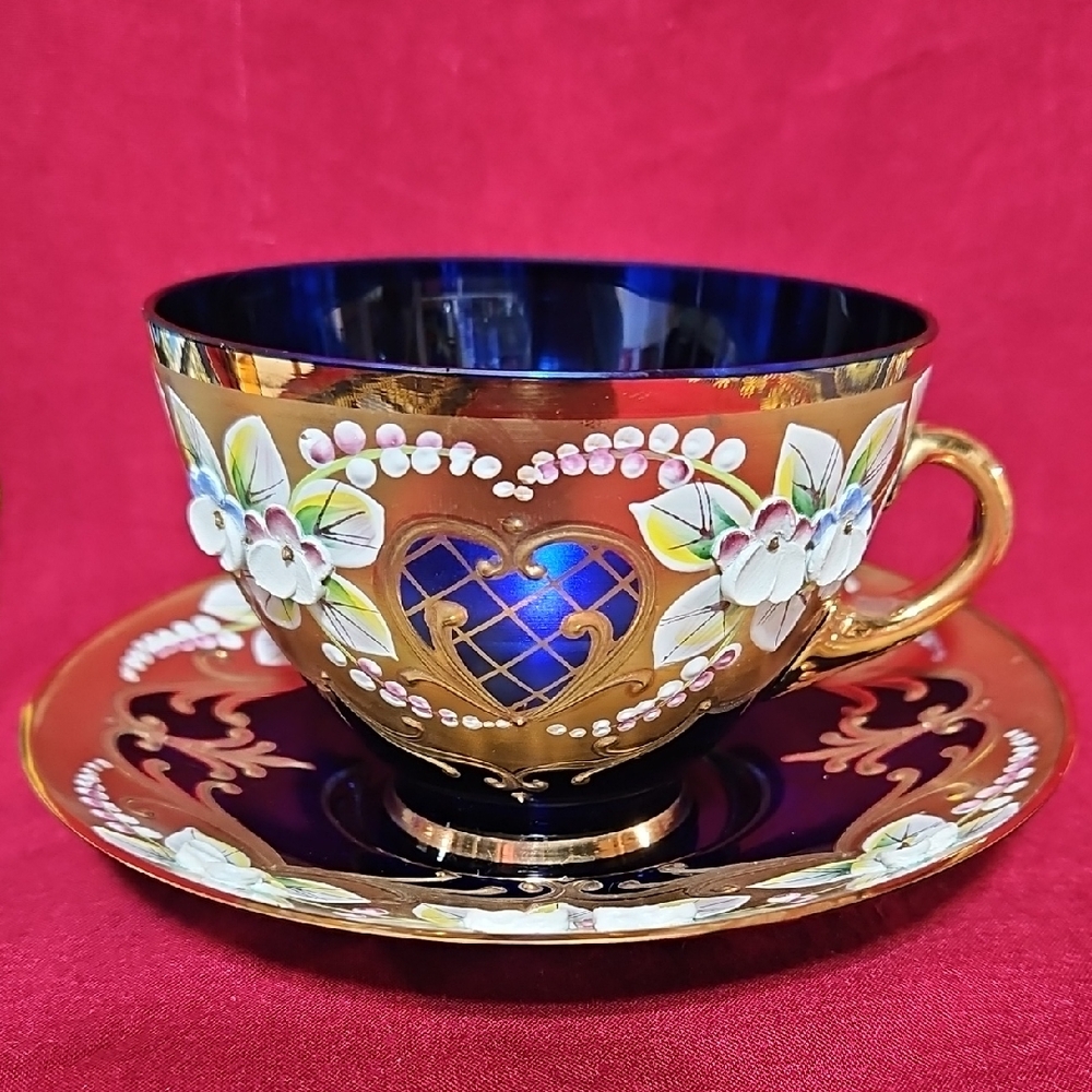 Exquisite Handcrafted Bohemian Czech Crystal Cobalt Blue Teacup & Saucer Set